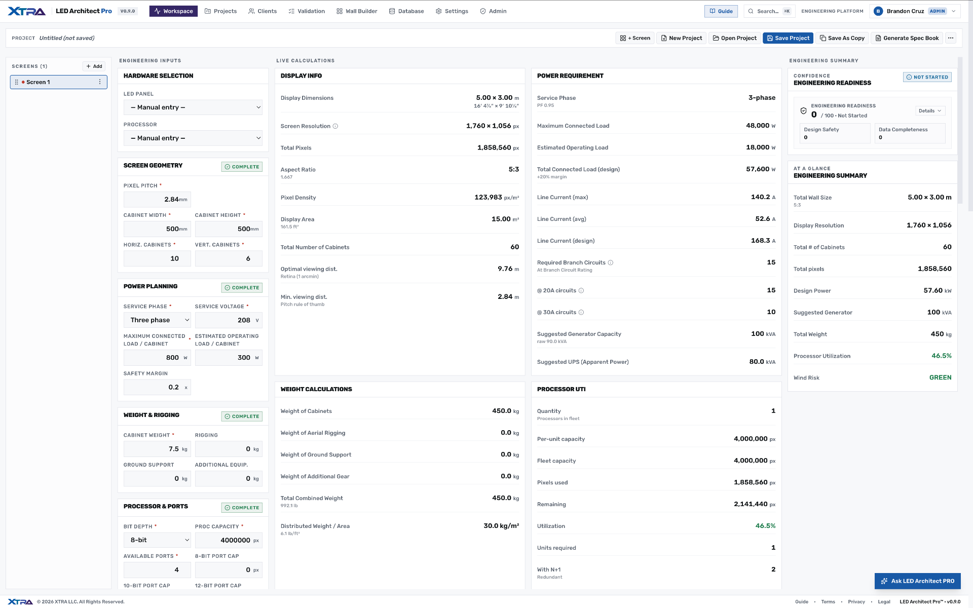LED Architect Pro workspace showing engineering inputs, live calculations and an engineering summary side by side