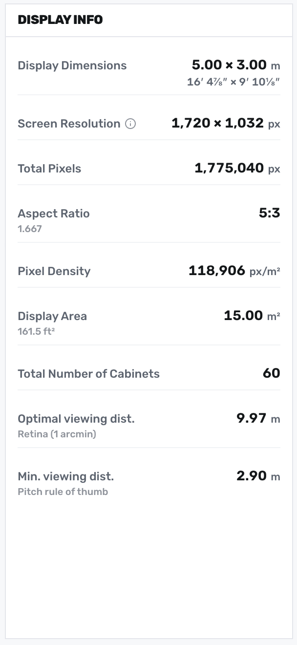 Display Info card showing dimensions, resolution, pixel density and viewing distances