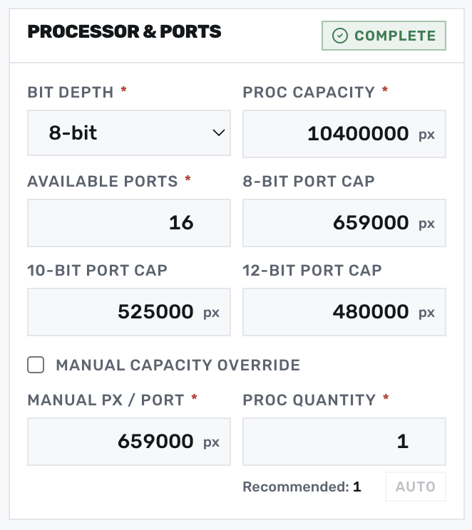 Processor & Ports input card showing bit depth, capacity, and per-bit-depth port capacities