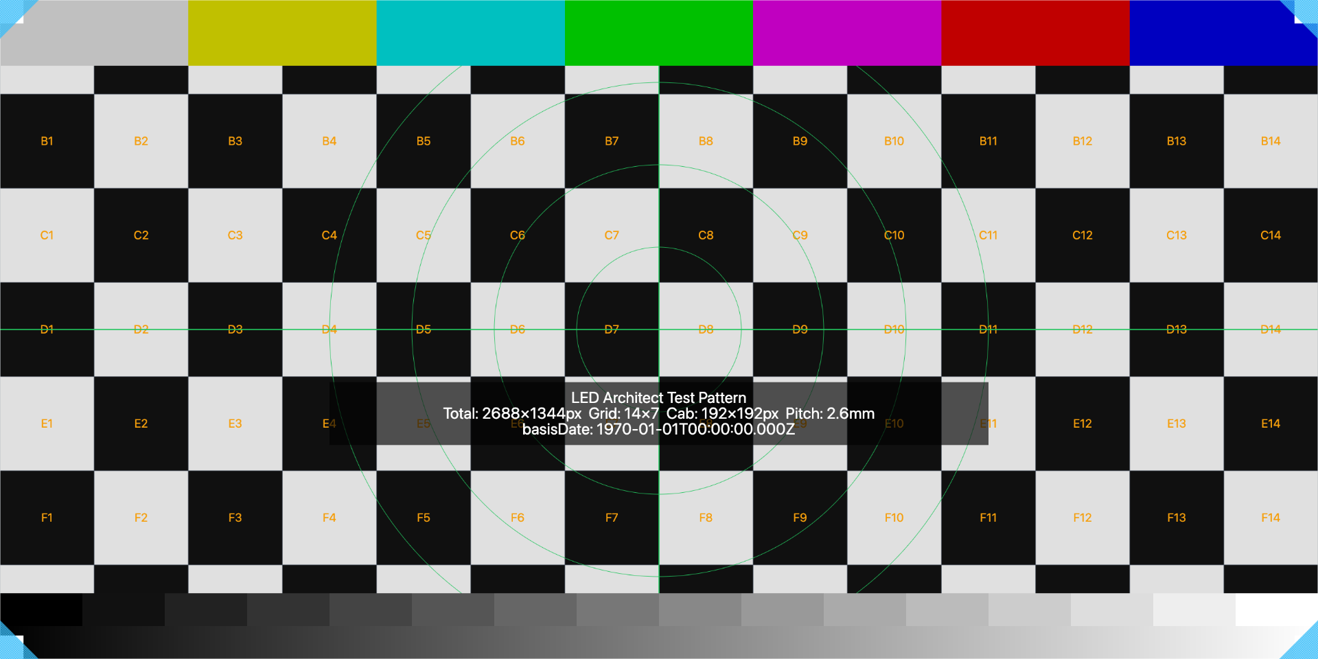 LED Architect test pattern rendered at 2688x1344 with checkerboard, cabinet IDs, color bars and grayscale strip