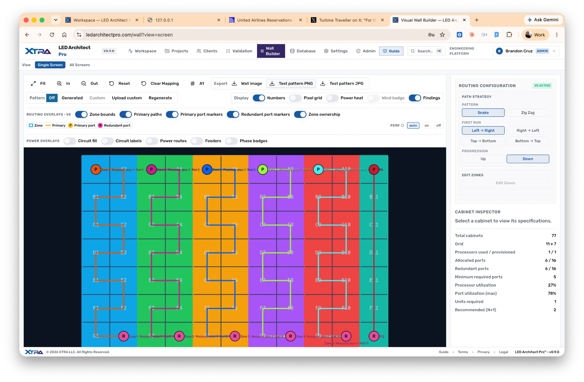 Visual Wall Builder full window showing routing configuration, overlay toggles, color-coded zone routing on the wall, and the Cabinet Inspector panel
